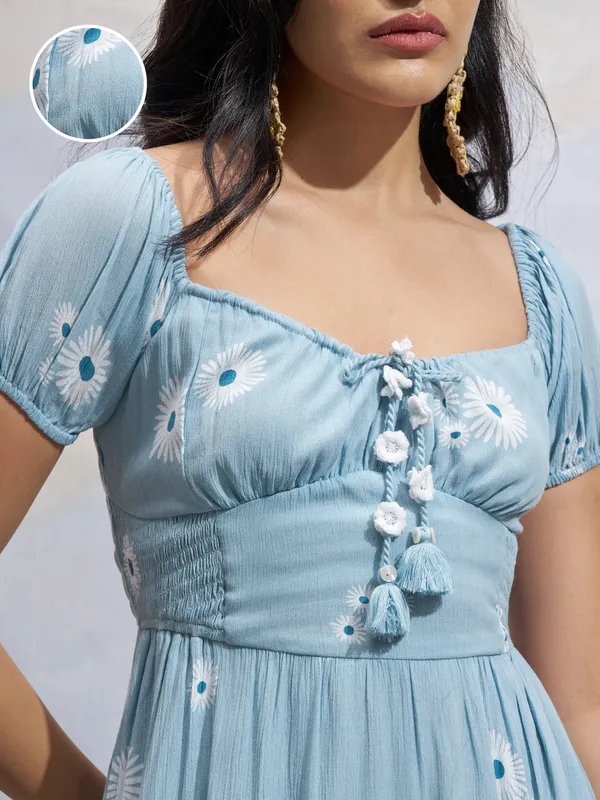 Vara By Vishudh Women Blue Printed Drop Waist Dress