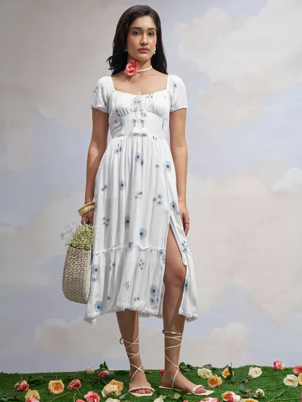 Vara By Vishudh Women White Printed Drop Waist Dress