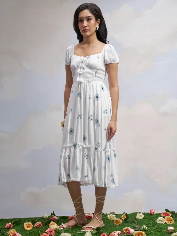 Vara By Vishudh Women White Printed Drop Waist Dress