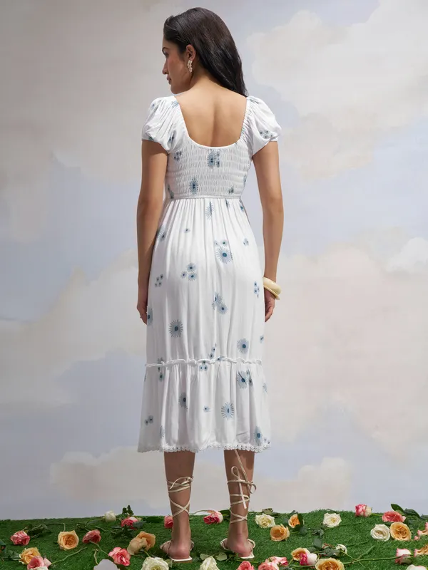 Vara By Vishudh Women White Printed Drop Waist Dress