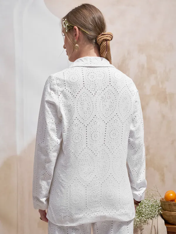 Vara By Vishudh Women White Open Front Blazer