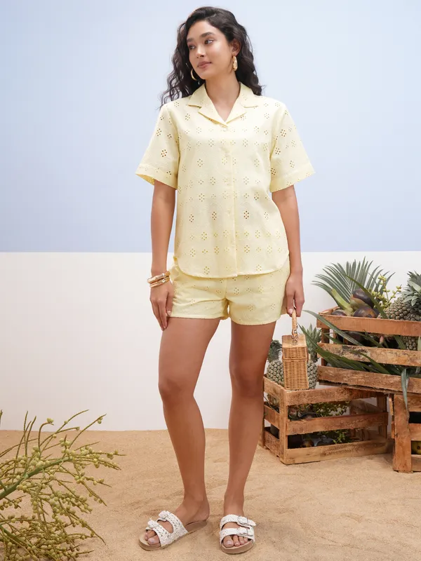 Vara By Vishudh Women Yellow Shirt With Short