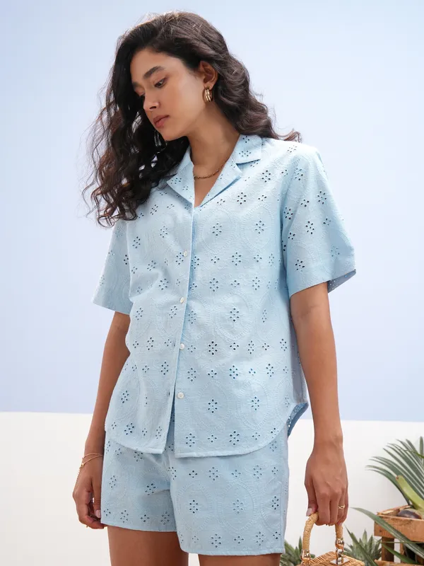 Vara By Vishudh Women Blue Shirt With Short