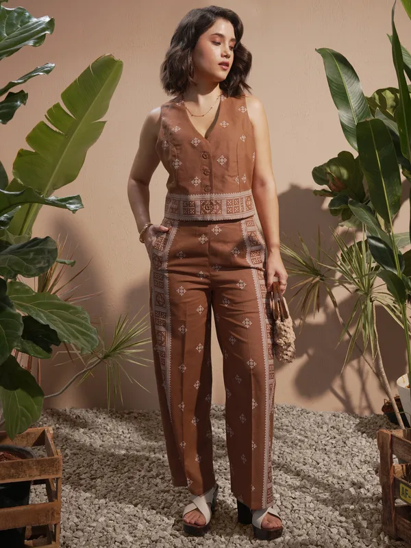 Vara By Vishudh Women Brown Blazer With Palazzos