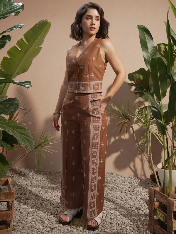 Vara By Vishudh Women Brown Blazer With Palazzos