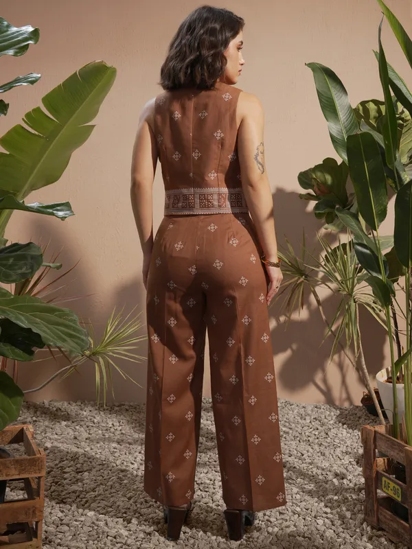 Vara By Vishudh Women Brown Blazer With Palazzos