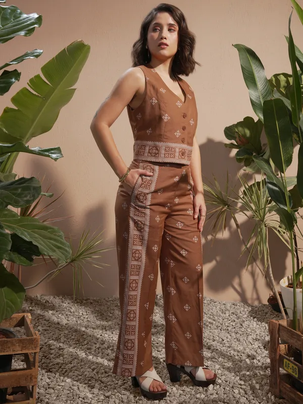 Vara By Vishudh Women Brown Blazer With Palazzos