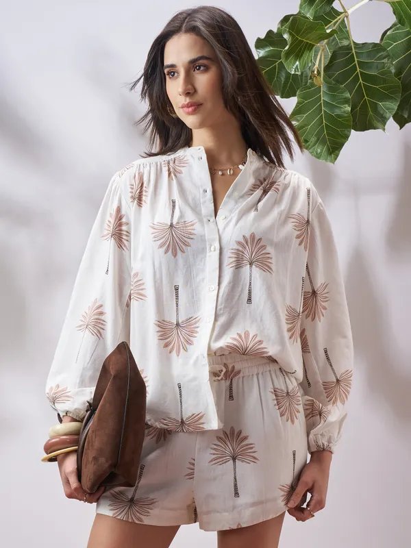 Vara By Vishudh Women Tan Shirt With Shorts Co-Ords