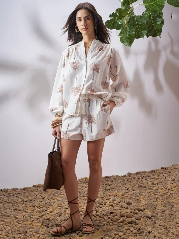 Vara By Vishudh Women Tan Shirt With Shorts Co-Ords