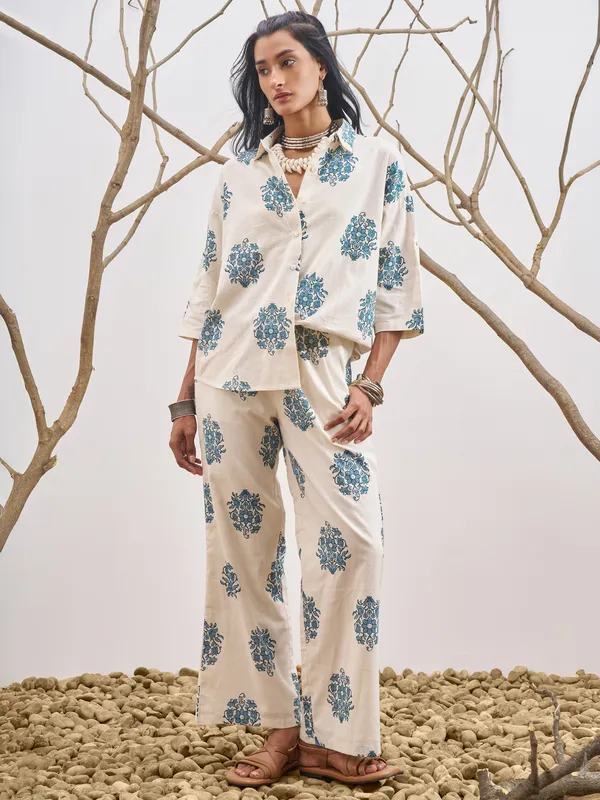 Vara By Vishudh Women Off White Shirt With Trouser