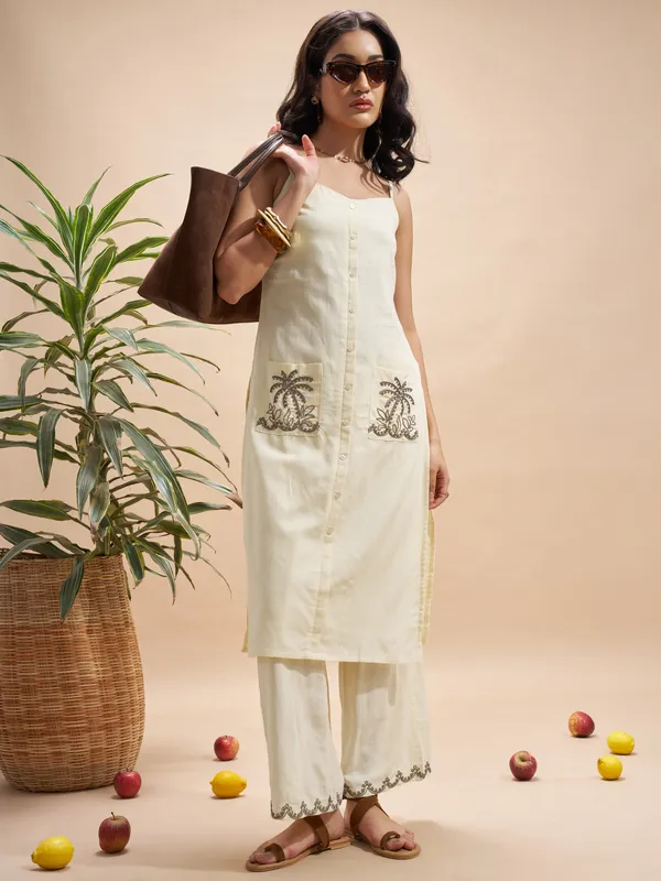 Vara By Vishudh Women Cream Top With Trouser Co-Ords
