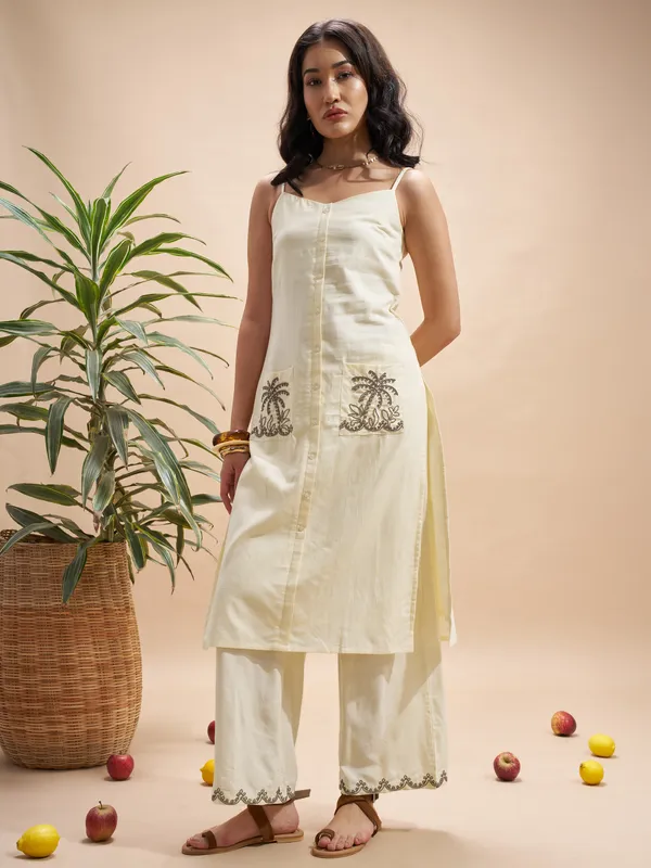 Vara By Vishudh Women Cream Top With Trouser Co-Ords