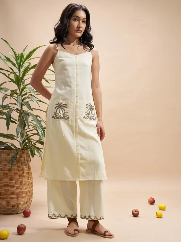 Vara By Vishudh Women Cream Top With Trouser Co-Ords