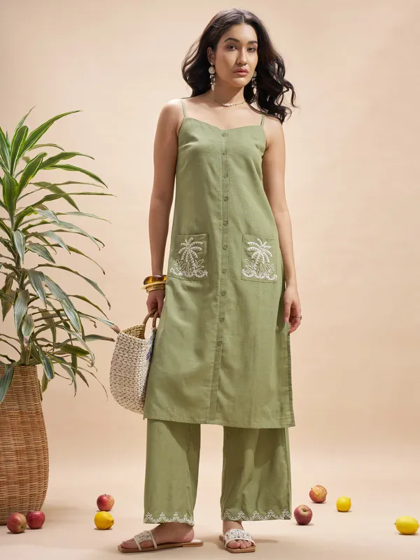 Vara By Vishudh Women Olive Top With Trouser Co-Ords
