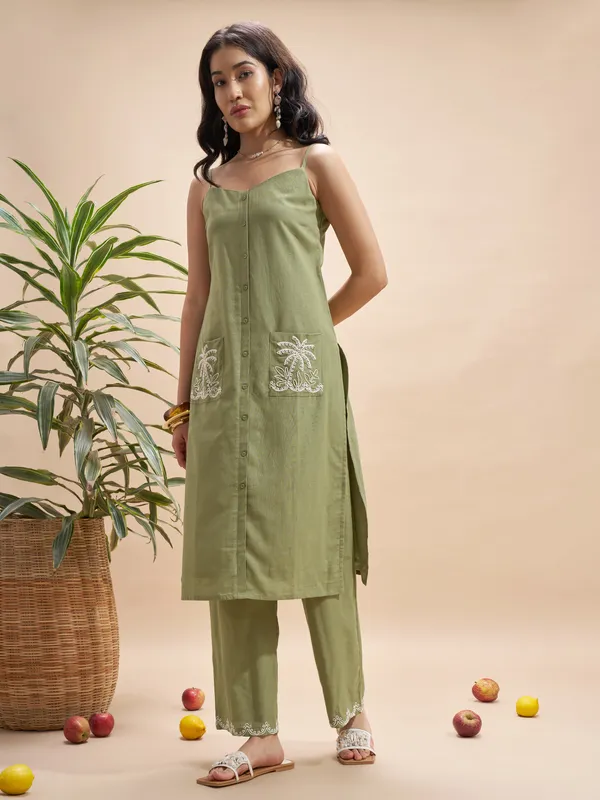 Vara By Vishudh Women Olive Top With Trouser Co-Ords