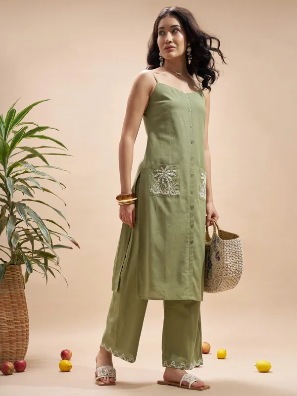 Vara By Vishudh Women Olive Top With Trouser Co-Ords