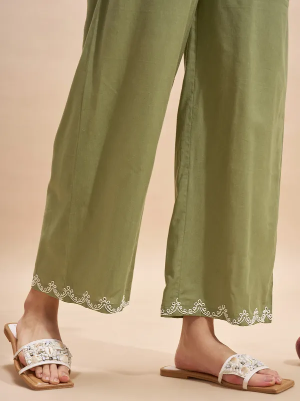 Vara By Vishudh Women Olive Top With Trouser Co-Ords