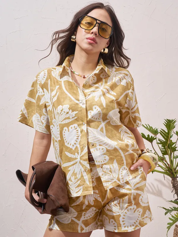 Vara By Vishudh Women Mustard Shirt With Shorts Co-Ords