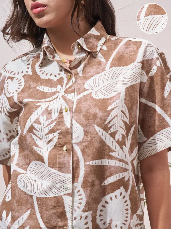 Vara By Vishudh Women Brown Shirt With Shorts Co-Ords