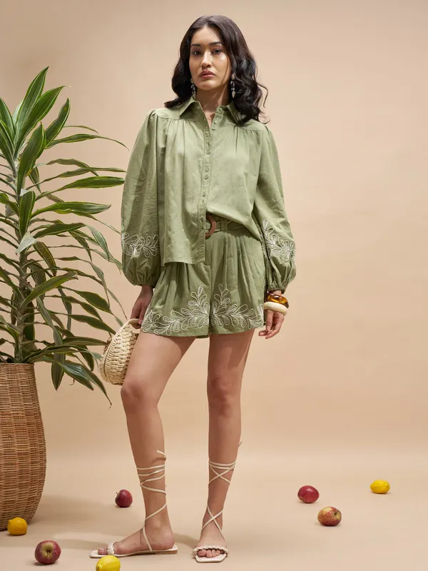Vara By Vishudh Women Olive Shirt With Shorts Co-Ords