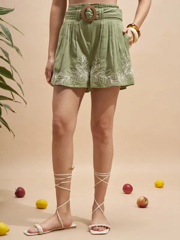 Vara By Vishudh Women Olive Shirt With Shorts Co-Ords