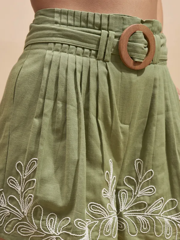 Vara By Vishudh Women Olive Shirt With Shorts Co-Ords