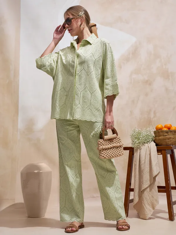 Vara By Vishudh Women Green Shirt With Trouser Co-Ords