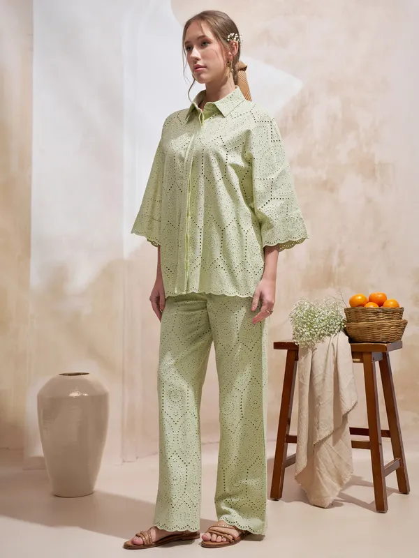 Vara By Vishudh Women Green Shirt With Trouser Co-Ords