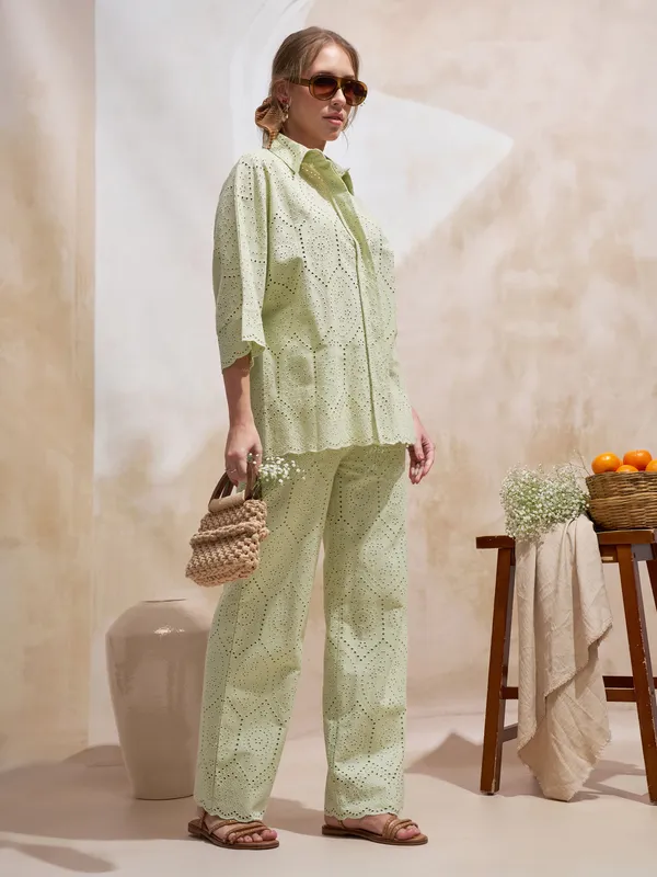 Vara By Vishudh Women Green Shirt With Trouser Co-Ords