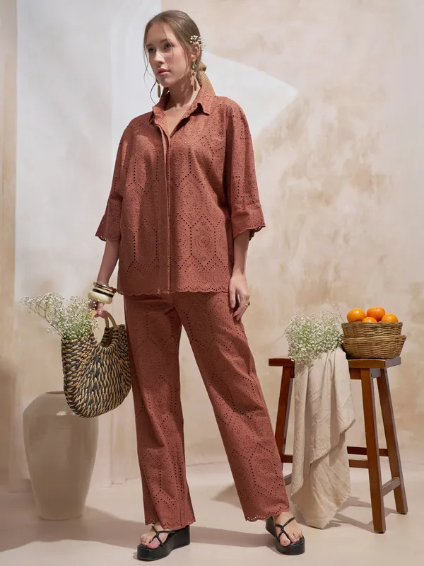 Vara By Vishudh Women Brown Shirt With Trouser Co-Ords