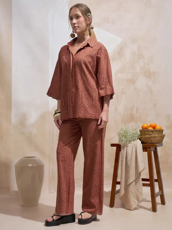 Vara By Vishudh Women Brown Shirt With Trouser Co-Ords