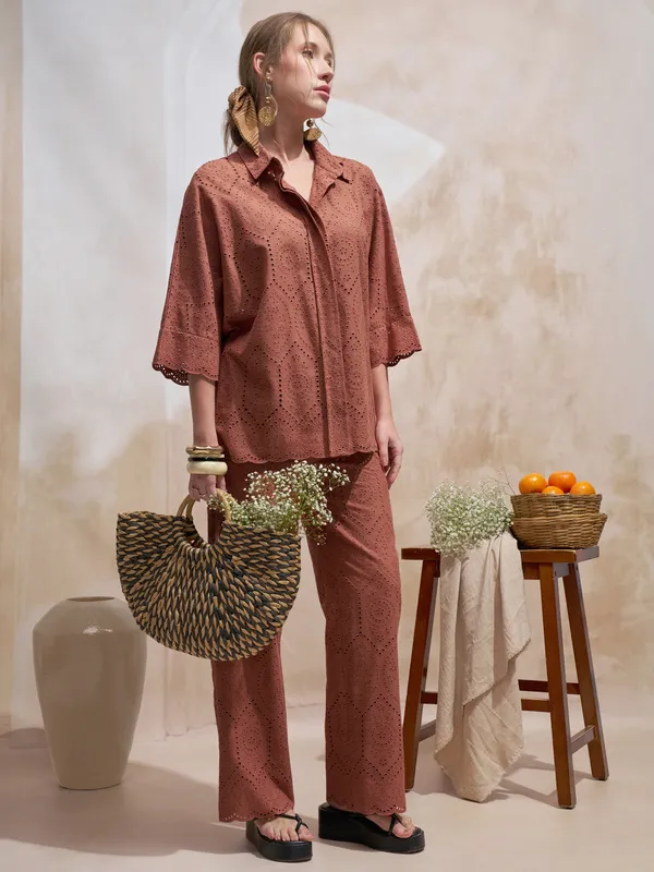 Vara By Vishudh Women Brown Shirt With Trouser Co-Ords