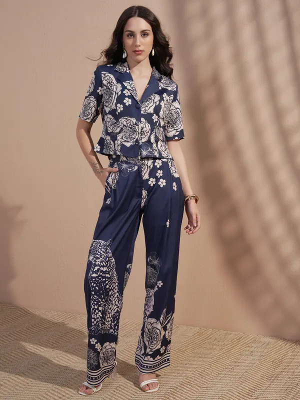 Vara By Vishudh Women Navy Blue Top With Trouser Co-Ords