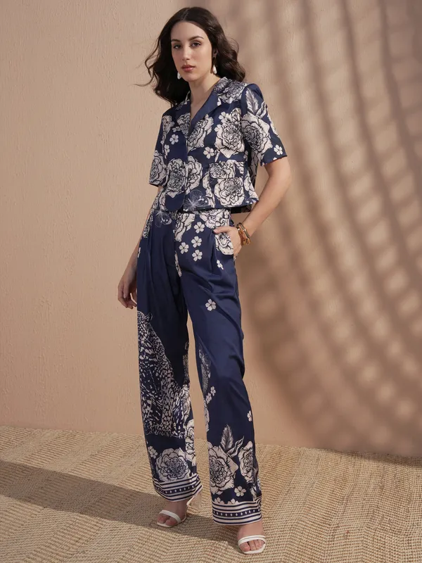 Vara By Vishudh Women Navy Blue Top With Trouser Co-Ords