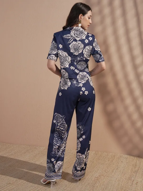 Vara By Vishudh Women Navy Blue Top With Trouser Co-Ords