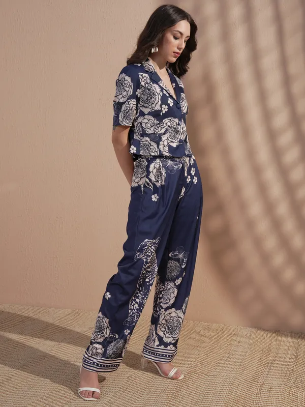 Vara By Vishudh Women Navy Blue Top With Trouser Co-Ords