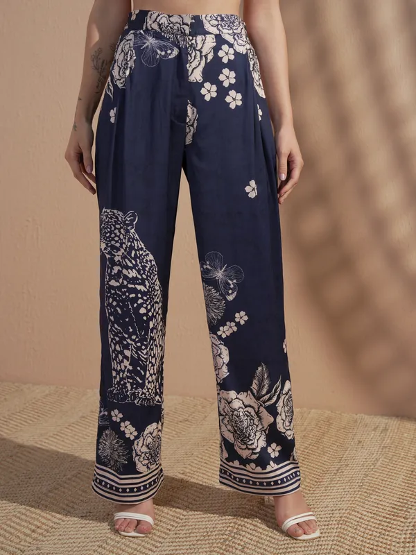 Vara By Vishudh Women Navy Blue Top With Trouser Co-Ords