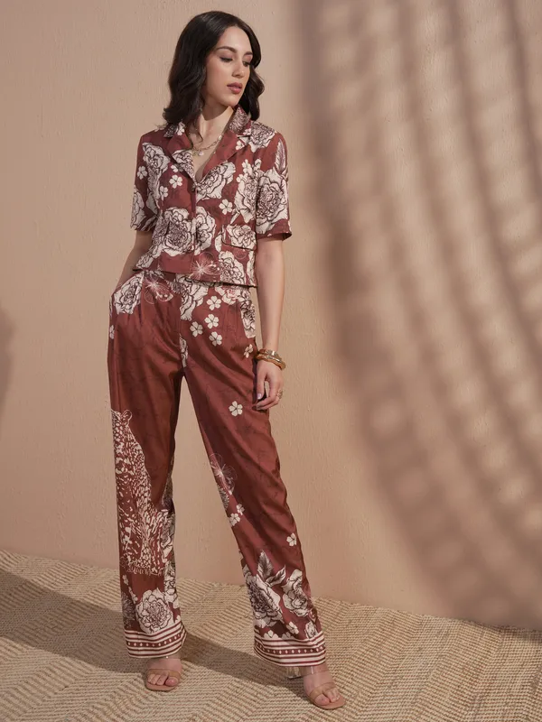 Vara By Vishudh Women Brown Top With Trouser Co-Ords