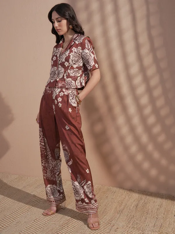 Vara By Vishudh Women Brown Top With Trouser Co-Ords