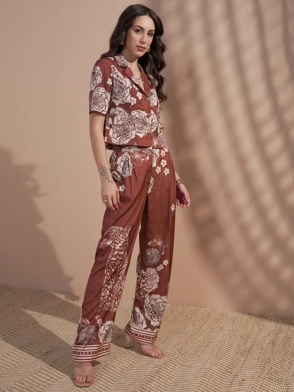 Vara By Vishudh Women Brown Top With Trouser Co-Ords