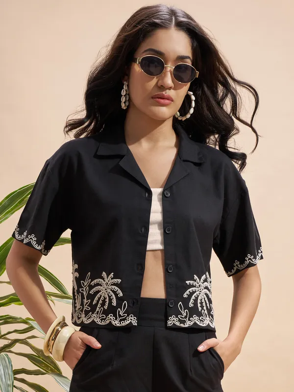 Vara By Vishudh Women Black Embroidered Regular Top