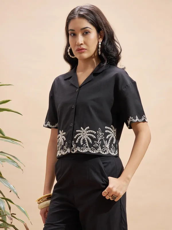 Vara By Vishudh Women Black Embroidered Regular Top
