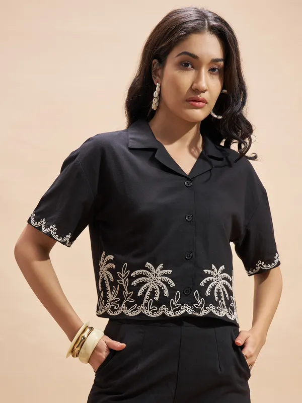 Vara By Vishudh Women Black Embroidered Regular Top