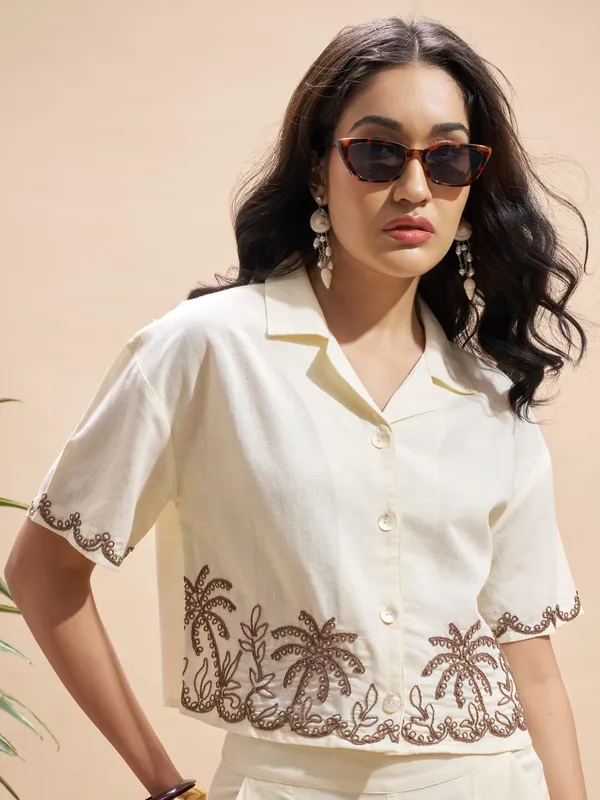 Vara By Vishudh Women Cream Embroidered Regular Top