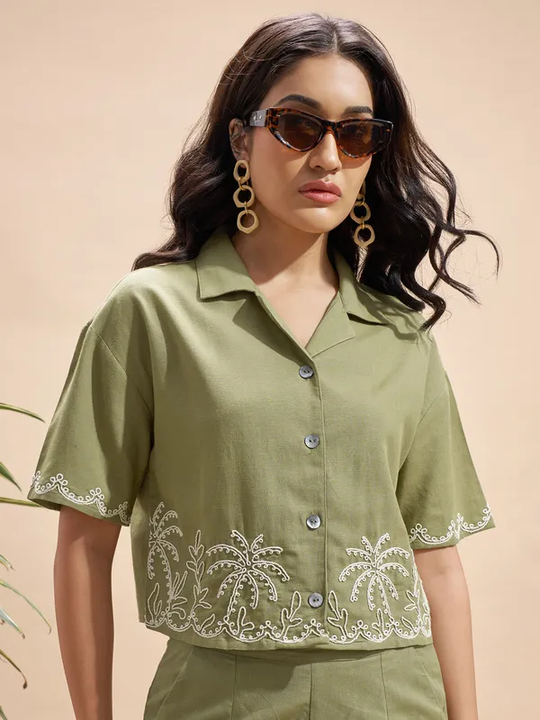 Vara By Vishudh Women Olive Embroidered Regular Top