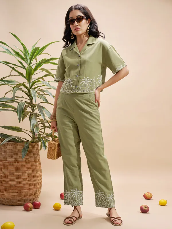 Vara By Vishudh Women Olive Embroidered Regular Top