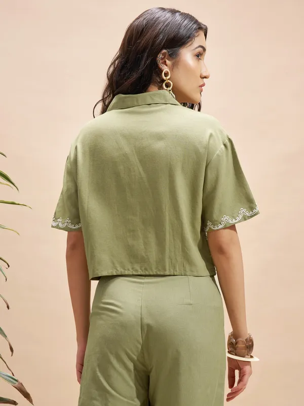 Vara By Vishudh Women Olive Embroidered Regular Top