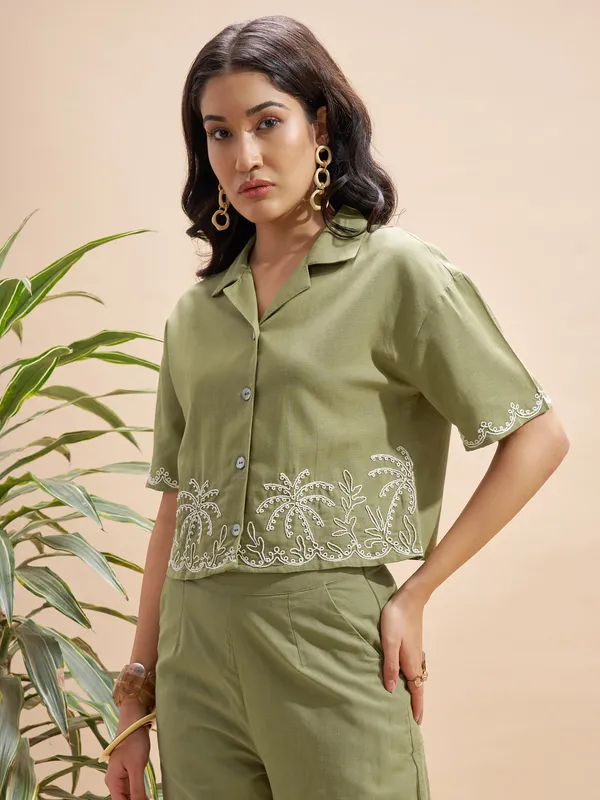 Vara By Vishudh Women Olive Embroidered Regular Top