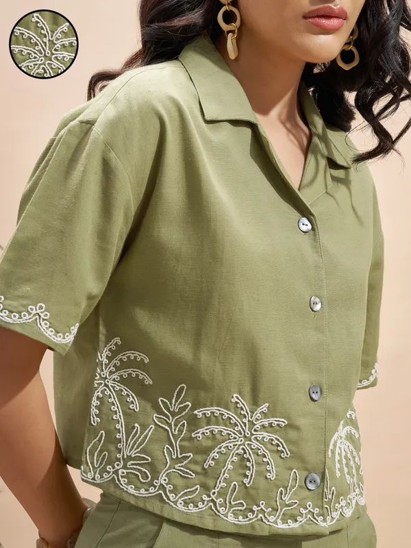 Vara By Vishudh Women Olive Embroidered Regular Top