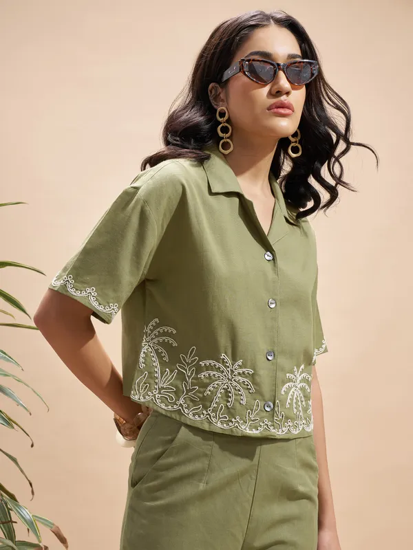 Vara By Vishudh Women Olive Embroidered Regular Top